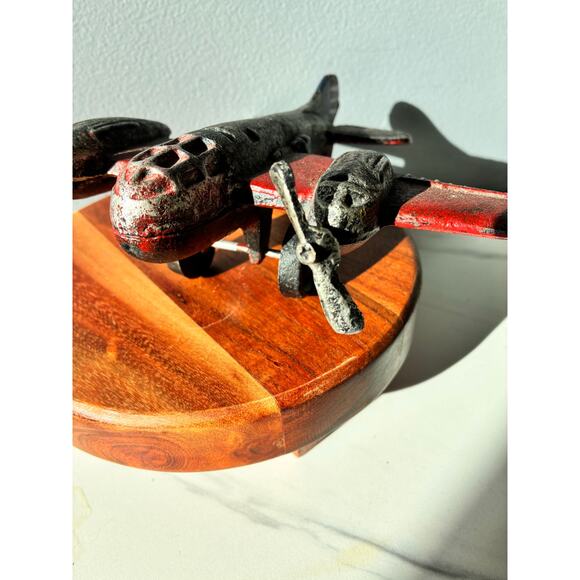 Vintage Cast Iron Red Airplane • Twin Engine • Heavy Antique Style Model Plane - Picture 9 of 16